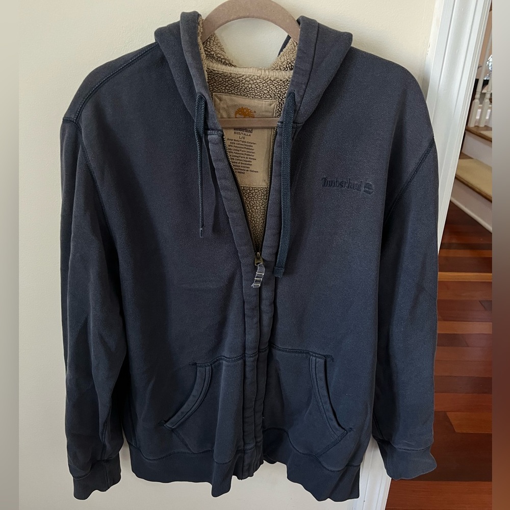 Men’s Navy Blue Timberland Brown Fleece Lines Zip-Front Hoodie